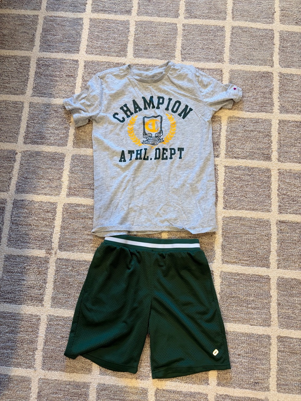 Champion Gray Tee with Yellow Crest & Dark Green Athletic Shorts
